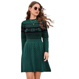 Women Long Sleeve Knitted Crewneck High Waist A-Line Cute Mini Sweater Dress - 1 of 4