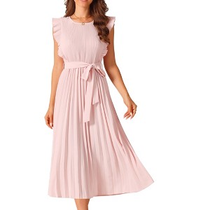 Seta T Women's Casual Ruffle Sleeveless Crewneck Pleated Flowy Belted Midi Sundresses - 1 of 4