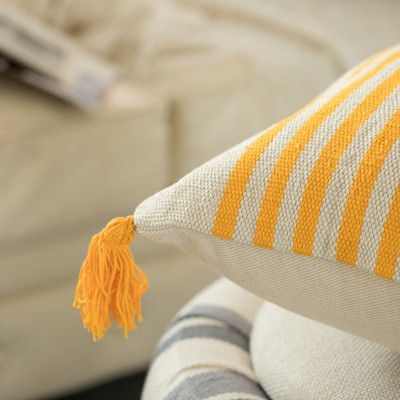Handwoven Yellow Striped Cotton Euro Pillow Cover