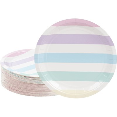 Blue Panda 80-Count Disposable Paper Plates Party Supplies Multi-Colored Pastel Stripes Design, 9"x9"