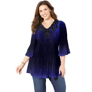 Catherines Women's Plus Size Velvet Trim Pleated Blouse - 1 of 4