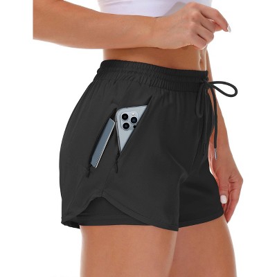 FIONECA Women's Running Shorts with Liner 3 Zipper Pockets Elastic Workout Athletic Gym Yoga Shorts