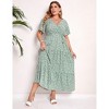 Coolmee Women Summer Maxi Dress Plus Size V Neck Wrap Floral Print Short Sleeves Ruffle Tiered Dress with Belt 5XLgreen white flowers - 3 of 4