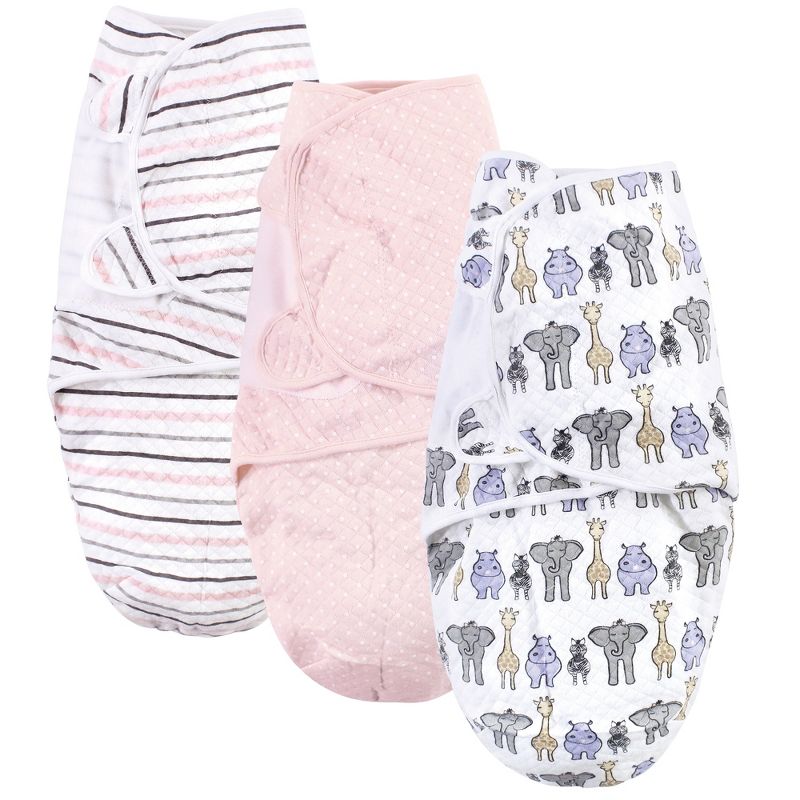 Hudson Baby Infant Girl Quilted Cotton Swaddle Wrap 3pk, Pink Safari, 0-3 Months, 1 of 7