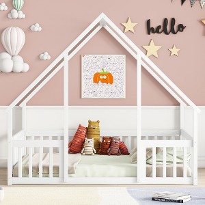CAVINAS Twin/Full Size House-Style Bed Frame with Fence Guardrails,Modern Floor Bed for Kids Room,Bedroom - 1 of 4