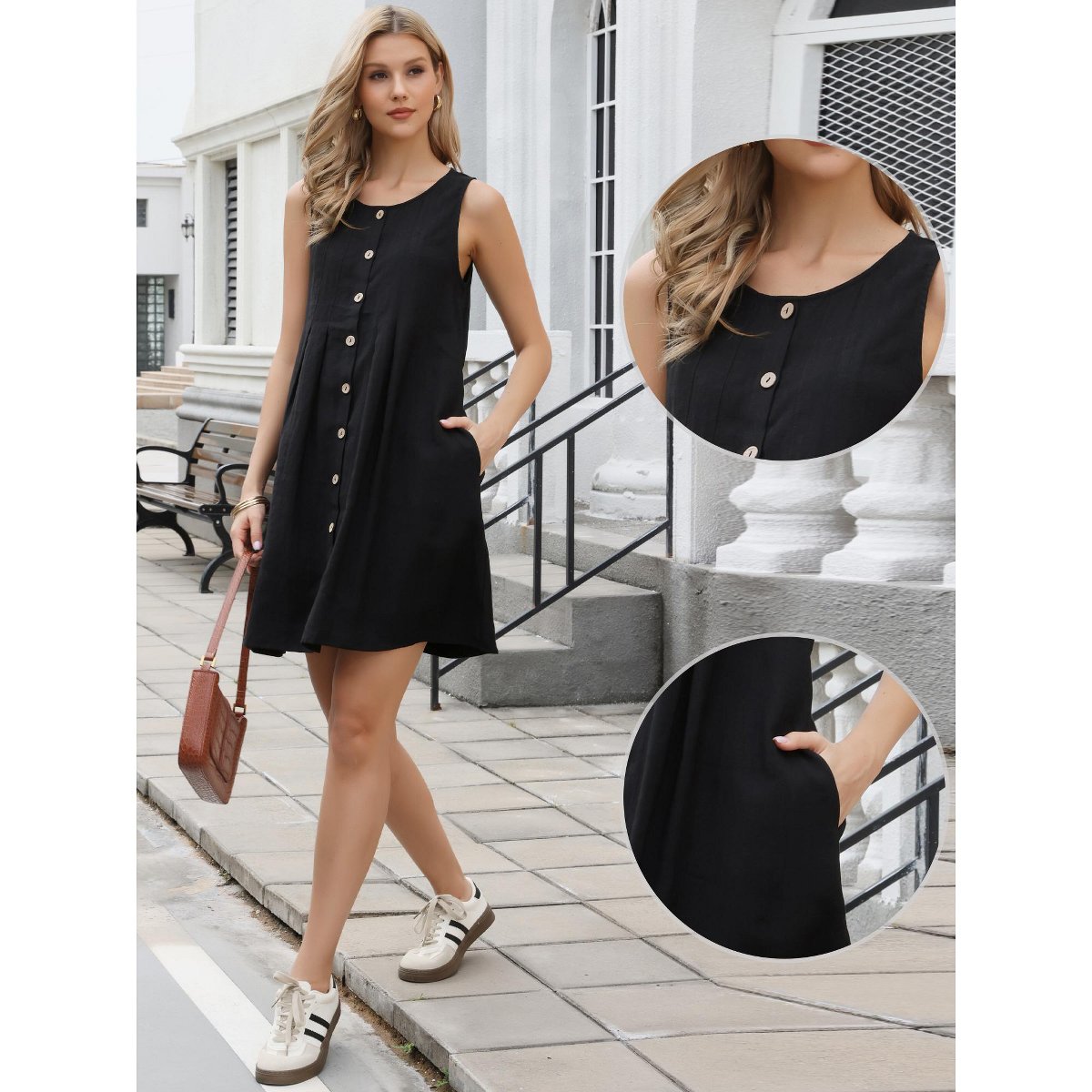 Женские платья INSPIRE CHIC Women's Sleeveless Button Down Summer Casual Round Neck Shift Mini Dresses Small Black — фото 2