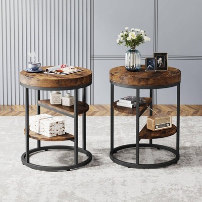 Rustic Round Wood and Metal 3-Tier End Table