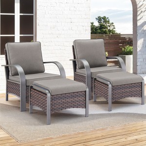Buenhomino Patio Furniture Set 4PCS Conversation Set 2 Rattan Patio Chairs with 2 Ottomans Cured Armest Wicker Patio Chairs Set for Garden Backyard - 1 of 4