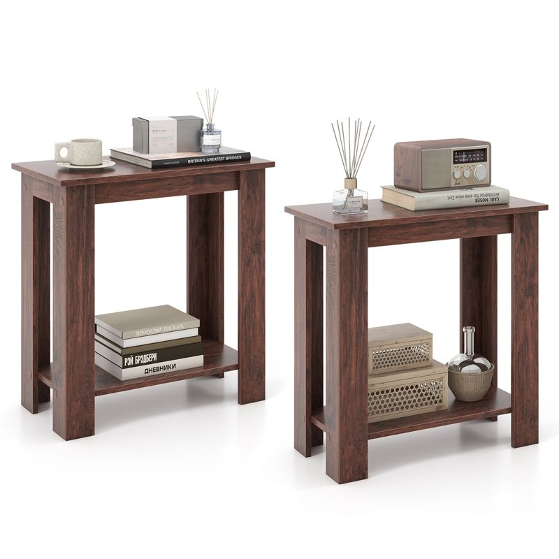 Tangkula 2pcs Wood End Table 2-tier Rectangular Side Table Home Accent Table w/ Storage Shelf Small Night Stands Sofa Side Coffee Table Mahogany/White, 1 of 8