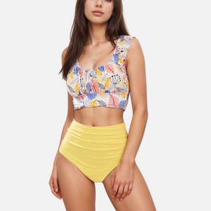 Anna-Kaci Swim Women's Ruffle Bikini Top with Ruched Bust Detail and High Waist Leaf Print Bottom Swimsuit Set - 1 of 4