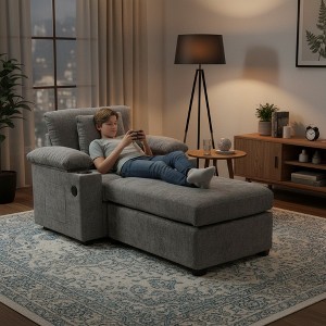 Whisen Modern Oversized Chair with Ottoman, Comfy Chenille Sofa Bed with Cupholders and USB Charging Ports - 1 of 4