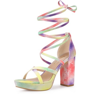 Allegra K Women's Opened Toe Tie Dye Platform Chunky Heel Lace Up Sandals