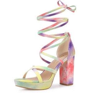 Allegra K Women's Opened Toe Tie Dye Platform Chunky Heel Lace Up Sandals - 1 of 4