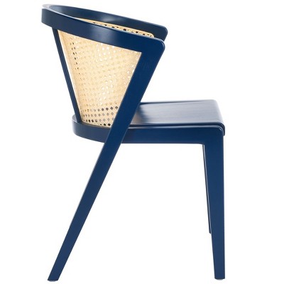 Navy and Natural Wood Arm Chair with Rattan Back