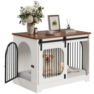 Dog Crate Furniture, 39.4" Dog Kennel for Dogs Up to 70 Lb, with Bed Mat, Heavy-Duty Dog Cage End Table, Three Doors Dog House, White/Brown - 1 of 4