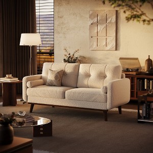 65" Loveseat Sofa, Mid Century Modern Couch Comfy Love Seat Couches for Living Room, Linen Upholstered Couches for Bedroom Small Space, Beige Cream - 1 of 4