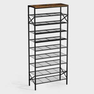 WOWLIVE 6/8/10-Tier Shoe Rack Black Metal with Rustic Brown Wood Top Shelf - 1 of 4