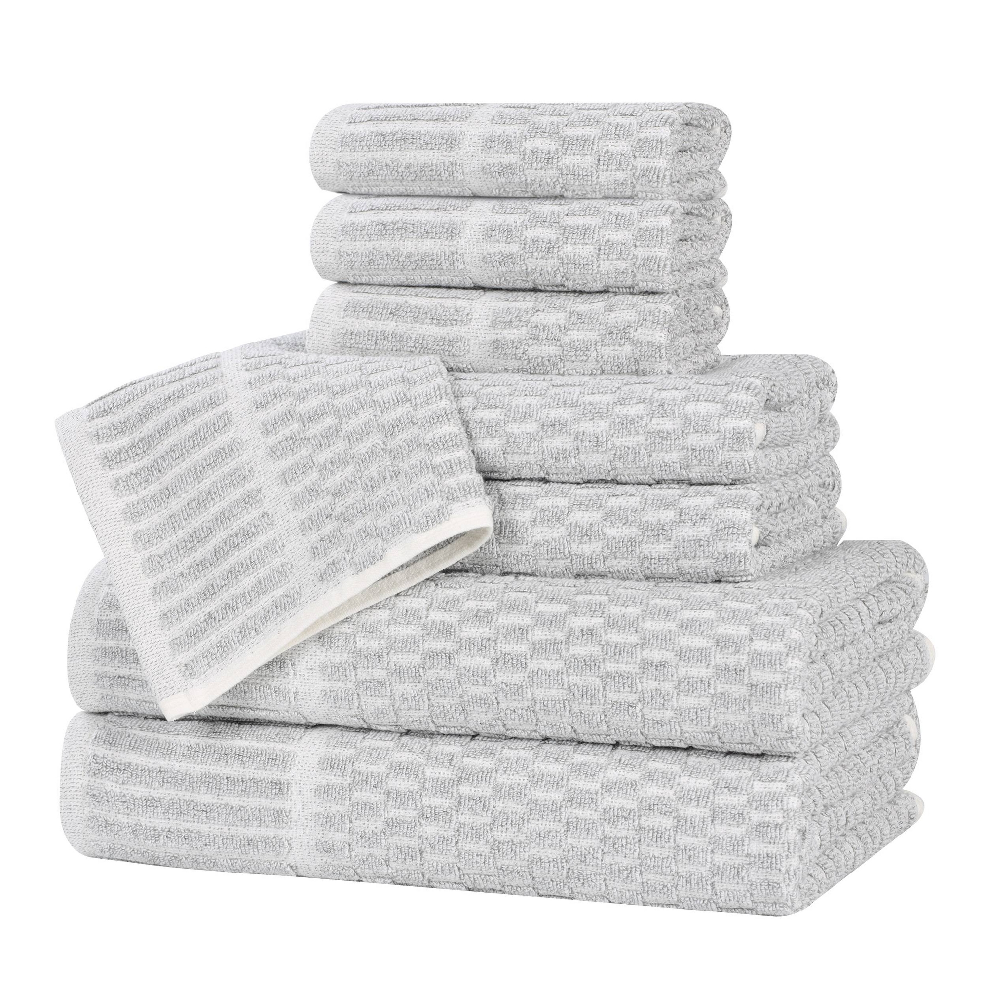 Viscose Cotton Blend Medium Weight Soft Textured Checkered Ribbed Border 8 Piece Towel Set, Platinum - Blue Nile Mills