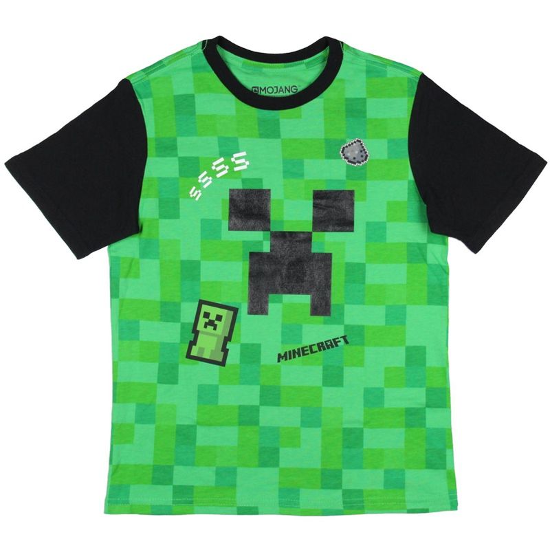 Minecraft Boys' Creeper Pixel Squares Face Graphic Ringer T-Shirt, 1 of 5