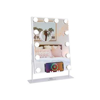 Fenchilin Lighted White Hollywood Vanity Makeup Mirror with Wireless Charger, Bluetooth, 12 Dimmable Bulbs, 10X Magnification, and 3 Color Options