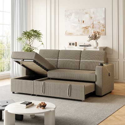 TiramisuBest 85" 3-Seater Corduroy Sofa Bed with Storage Chaise, Pull-Out Sleeper & USB Cup-Holder Handrail for Living Room,Brown
