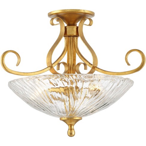 Franklin Iron Works Enola Vintage Ceiling Light Semi Flush Mount Fixture 20  1/2 Gold Leaf Scrolling Clear Glass Bowl Shade For Bedroom : Target