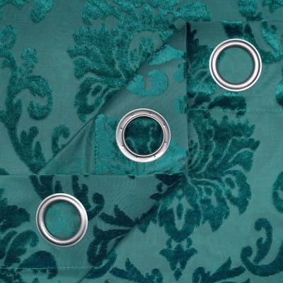 Teal Velvet Damask Sheer Grommet Curtain Panels, 52" x 63"