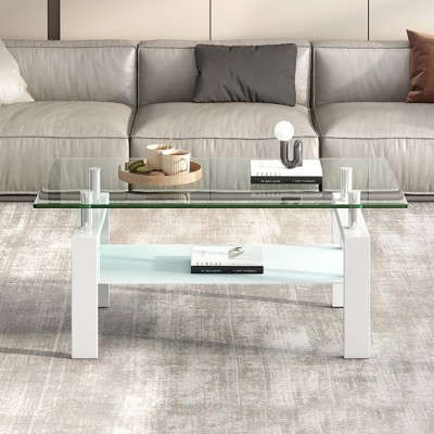 VYNXARIA Tempered Glass Coffee Table with Unique Geometric Design - 2-Layer Center Table