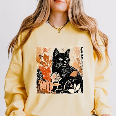 Simply Sage Market Black Cat Fall Leaves Distressed Lightweight Garment Dyed Sweatshirt