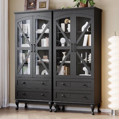 71" Tall Bookcase Set of 2 with Glass Doors, Farmhouse 3Tier Book Shelf with 2 Drawer, Arc Wood Bookshelf with Storage Cabinet