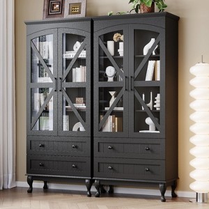 71" Tall Bookcase Set of 2 with Glass Doors, Farmhouse 3Tier Book Shelf with 2 Drawer, Arc Wood Bookshelf with Storage Cabinet - 1 of 4