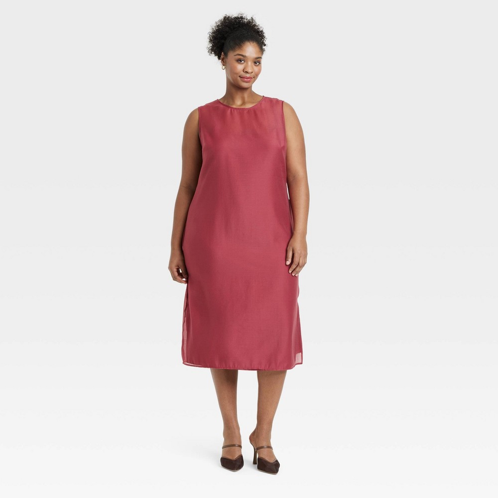 Women's Sheer Organza Midi Shift Dress - A New Day™ Burgundy 2X: Recycled Polyester, Sleeveless, Crew Neck