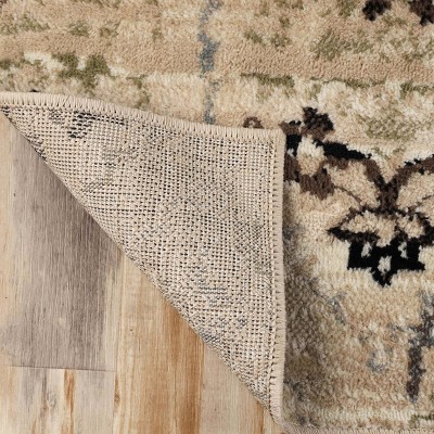 Beige Floral Damask Polypropylene Area Rug with Jute Backing