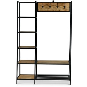 TiramisuBest Natural Oak Hall Tree: Multistorage Marvel with 1 Mirror and Adjustable Legs for Customized Functionality! - 1 of 4