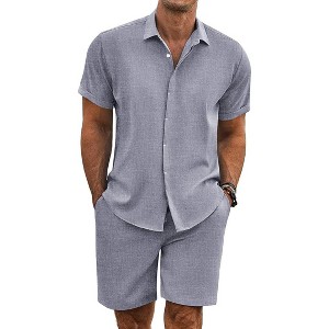 COOFANDY Men's Summer Beach Outfits 2 Piece Short Sleeve Shirts and Shorts Vacation Texture Linen Sets for Men - 1 of 4