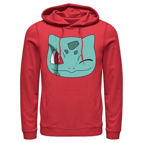 Men s Pokemon Bulbasaur Wink Face Pull Over Hoodie Red 2x