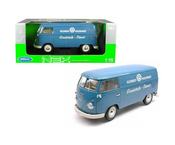 1963 Volkswagen T1 Microbus "Volkswagen Porschewagen" Blue 1/18 Diecast Model by Welly