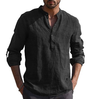 COOFANDY Men's Casual Beach Cotton Linen Henley T-Shirts Black XXL