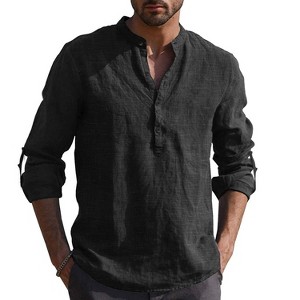 COOFANDY Men's Casual Beach Cotton Linen Henley T-Shirts Black 4XL - 1 of 4