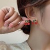 Cherry Fruit Crystal Small Earrings Gold Plated Handmade Charm Sweet 3D Red Fruits Green Leaf Glitter Rhinestone Cubia Zirconia Stud Earrings - 3 of 4