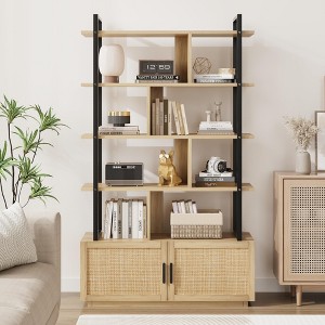 5-Tier Bookshelf with Rattan Cabinet, 71 Inch Tall Bookcase, Metal Frame Storage Shelf with 4 Open Shelves & 1 Door for Living Room Bedroom - 1 of 4