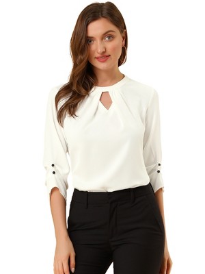 INSPIRE CHIC Women's Work Office Keyhole Pleated Front Ruched 3/4 Sleeve Chiffon Blouse