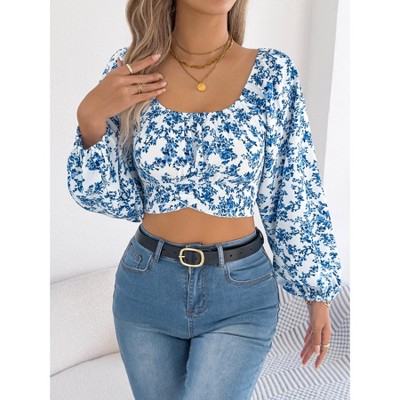 Women's Casual Floral Printed Pleated Square Neck Tops Tie Back Cropped Top Summer Long Lantern Sleeve Shirt Blouse
