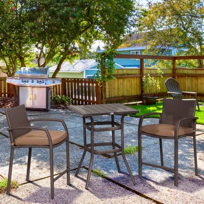 Mixed Brown Rattan Wicker Outdoor Bar Set with Wood Grain Top