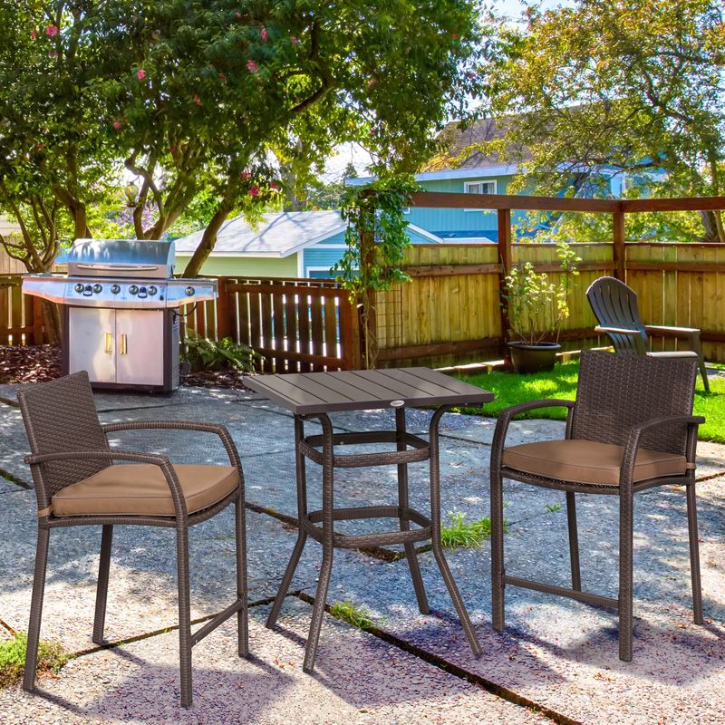 Outsunny 3 PCS Rattan Wicker Bar Set with Wood Grain Top Table and 2 Bar Stools for Outdoor, Patio, Poolside, Garden, 3 of 9