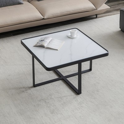 KTMBDW Modern Square Coffee Table, Center Table with Stone Top and Metal frame for Living Room, Small Space, White