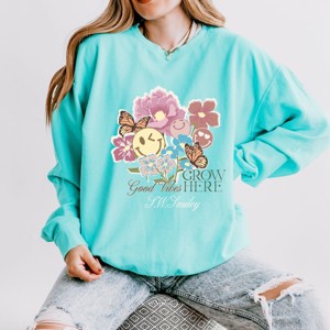 S.W.Smiley Good Vibes Grow Here Flowers - Women's Lightweight Garment Dyed Sweatshirt - 1 of 3