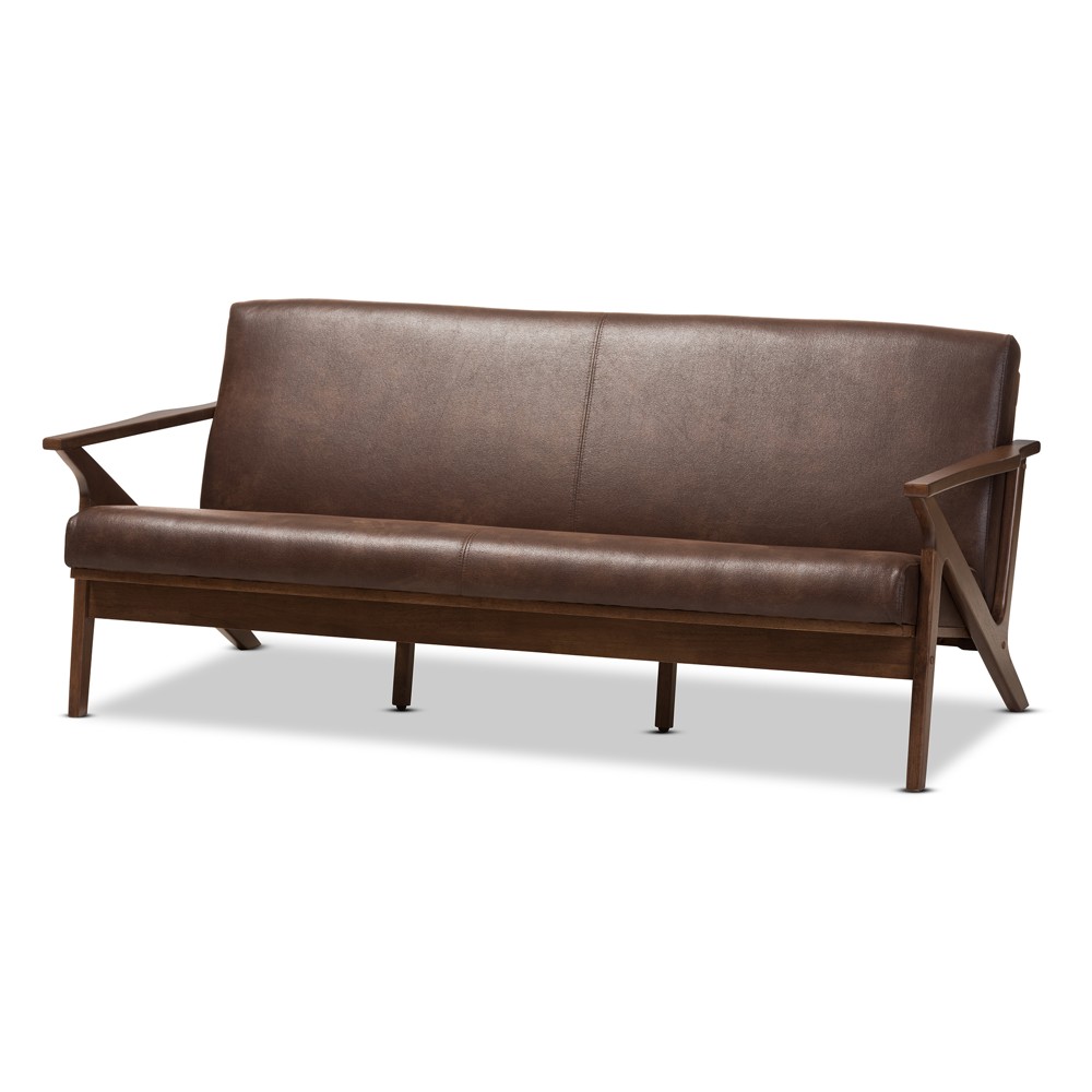 Photos - Sofa Bianca Mid-Modern Walnut Wood Distressed Faux Leather 3 Seater  Dark Brown - Baxton Studio: Rubberwood Frame, Vintage St