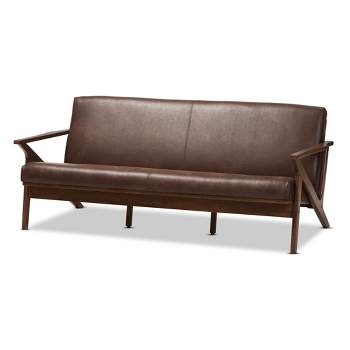 Bianca Mid-Modern Walnut Wood Distressed Faux Leather 3 Seater Sofa Dark Brown - Baxton Studio