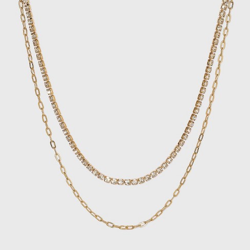 Two Row Rhinestone Chain Necklace - A New Day™ Gold : Target